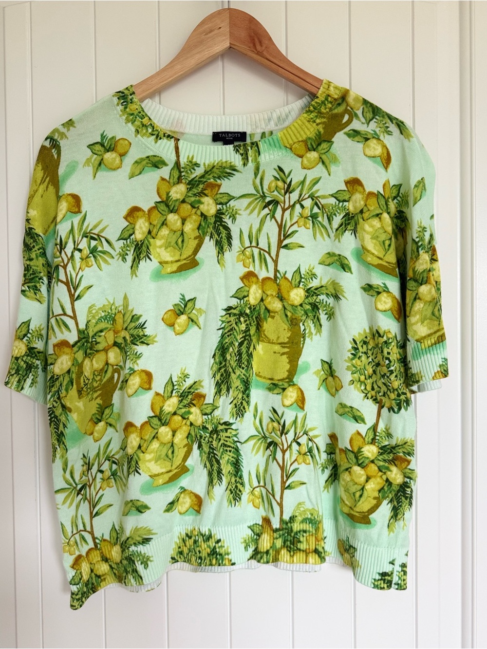 Talbots Lemon Trees Elbow Sleeve Sweater Mint Green Cotton Blend Coastal Size MP